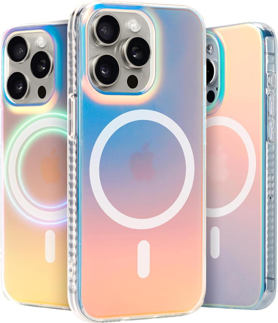 LONLI Hue - Magnetic Case for iPhone 15 Pro Max - [Compatible with Magsafe] - [360 Shock-Absorbent Bumper] - [Cute and Unique Phone Cover for Girls and Women] - Fluorescent Holographic Iridescent | 10FT Drop Protection, Cute, Unique, Aesthetic (*PrismGlow)