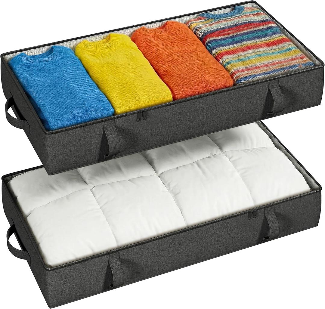 2-Pack Under Bed Storage, 6 Inches Tall Closet Organizers and Storage Bins with Sturdy Sidewalls/Bottom/4 Handles, Black