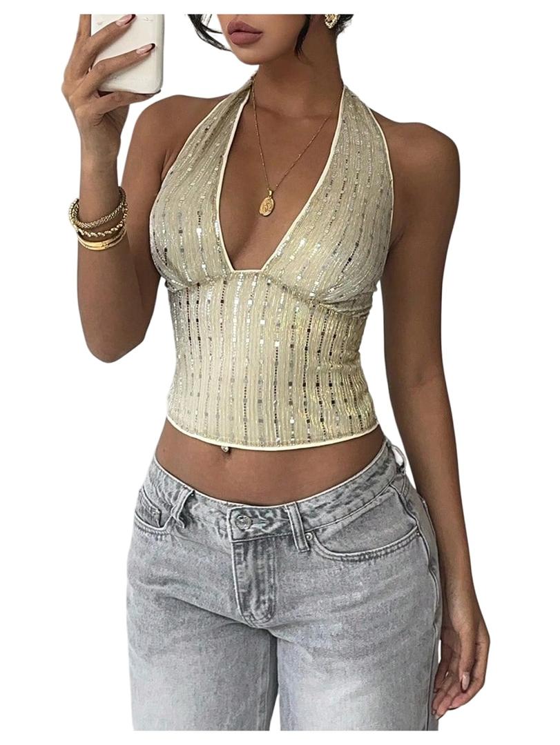 BEAUDRM Women's Y2k Going Out Tops Floral Lace Deep V Neck Halter Tops Tie Backless Sleeveless Party Club Outfits Yellow Sequin Small