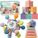 Baby Sensory Teething Toys Set, Montessori Baby Toys 6-12 Months, Incl Newborn Rattle Teether & Baby Blocks & Soft Stacking Rings, Ideal Babies Boy Girl Gifts, Infant Toys 0-3-6-9-12-18 Month