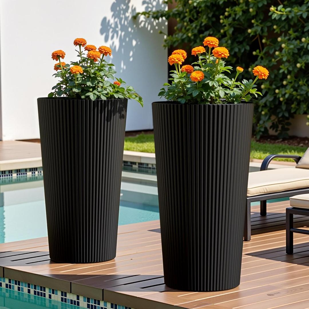 24" Tall Planters for Outdoor Plants Set of 2 - Round Black, 23.6"H x 13"W x 13"W