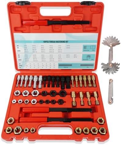 KUNGJUER 51PCS Thread Restorer Tool，Thread Repair Tool Kit with 22 Taps 24 Dies 3 Thread Files 2 Thread Gauges，Master Thread Rethreading Kit UNC UNF & Metric Thread Chaser Set，Rethread Repair Tool