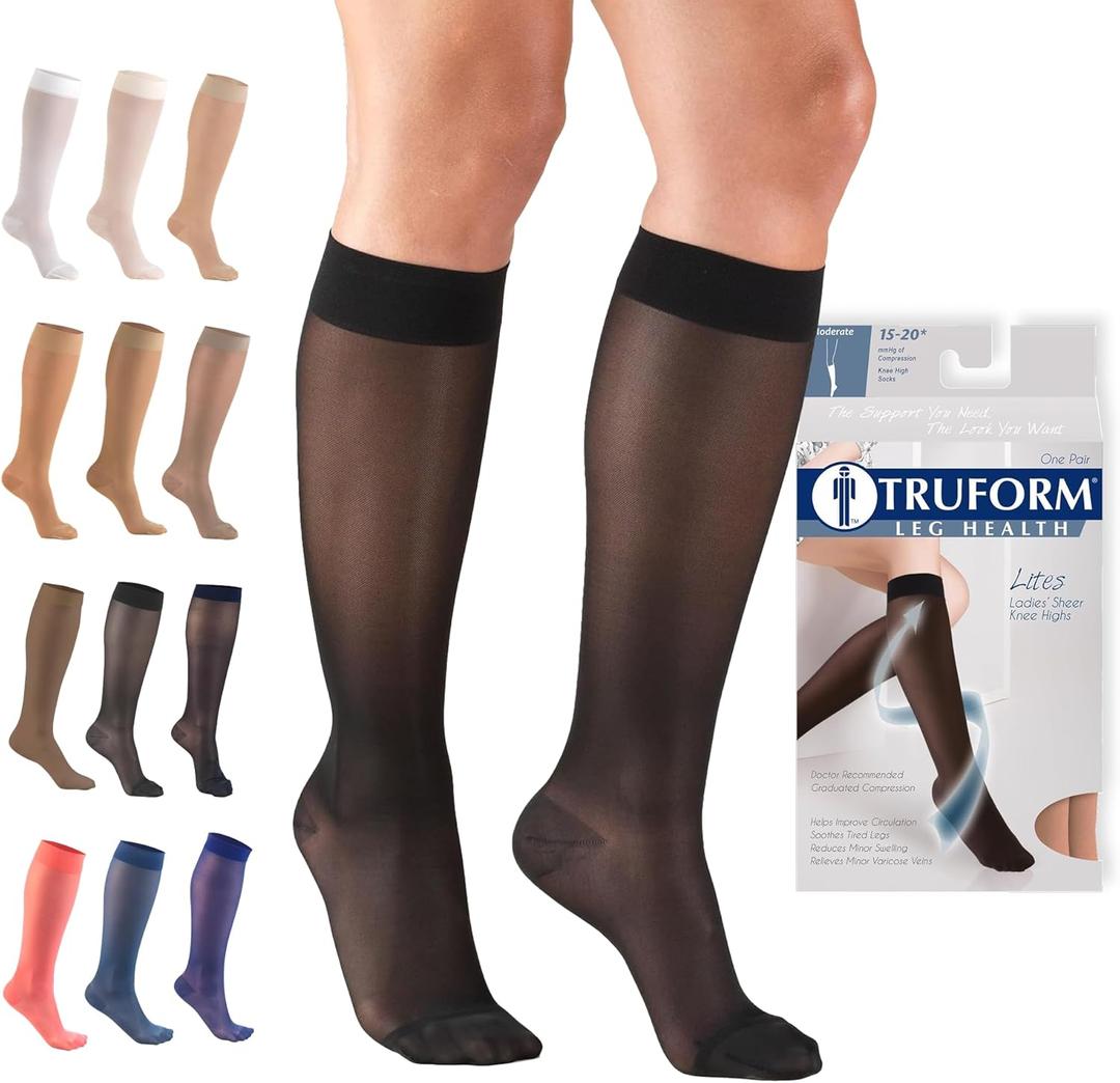Truform Sheer Compression Stockings, 15-20 mmHg, Women's Knee High Length, 20 Denier, Black, Medium