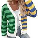 Saodimallsu Womens Striped Cardigans Color Block Button V Neck Open Front Ribbed Knit Loose Trendy Sweater Coats (Medium, Pink)