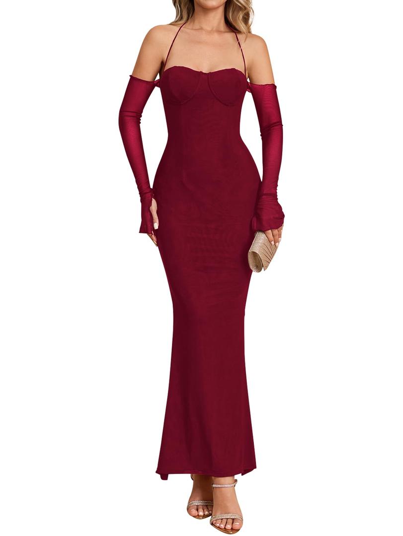 Elegant Off Shoulder Bodycon Maxi Dress Long Sleeve Mesh Formal Dress for Women Wedding Guest Party Club Cocktail Evening Gowns Wine (M)