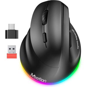 MEETION Left-Handed Mouse, Ergonomic Mouse Wireless Vertical Mouse, RGB Rechargeable Mice for Bluetooth(5.2 + 3.0) & USB-A with Type-c Adapter 4 Adjustable DPI for Mac/Windows/PC/Tablet/iPad, Black