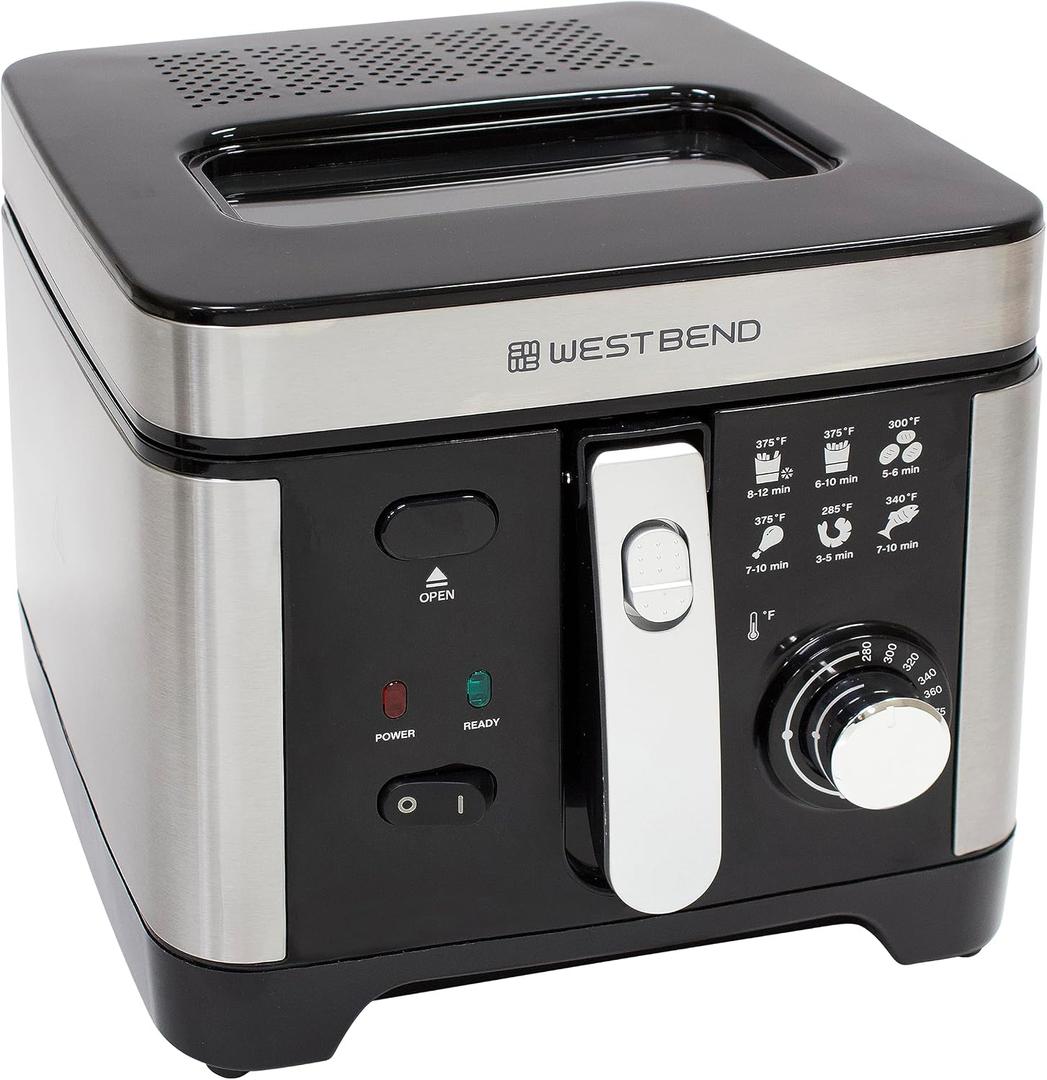 West Bend Deep Fryer with Adjustable Temperature Control Nonstick Basket Easy-View Window and Temperature Guide, Folding Handle and Locking Cover for Easy Storage, 3-Liter, Silver