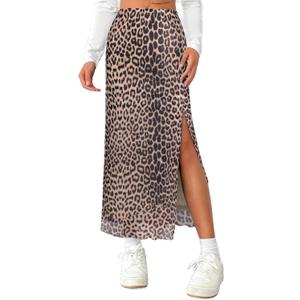 Avanova Women's Mesh Slit Split Long Skirts High Waisted Sexy Summer Maxi Skirts (Large, Khaki Leopard)