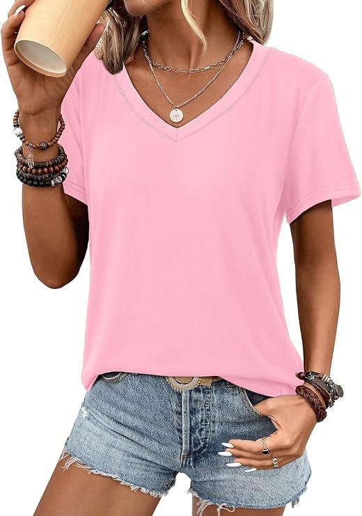ATHMILE Womens V Neck Short Sleeve Summer T Shirts Curved Hem Plain Top Beach, S