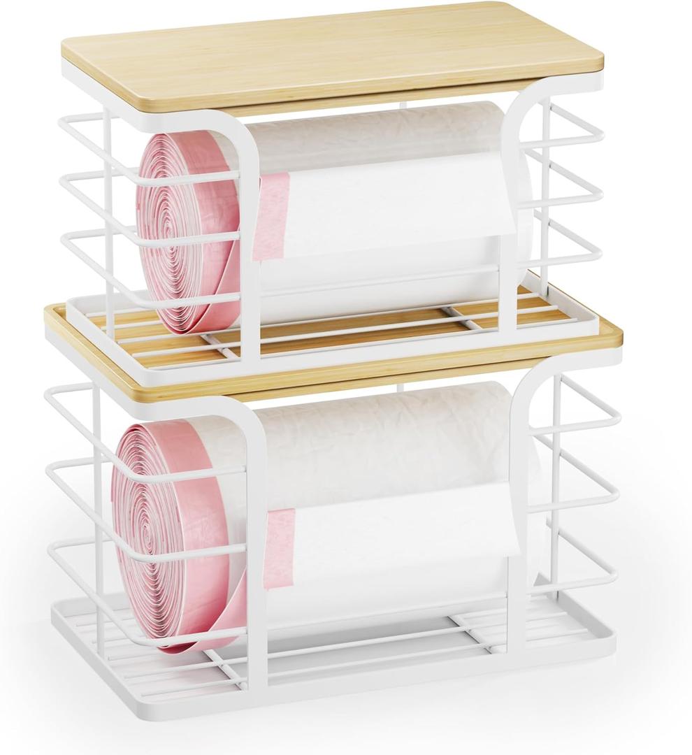 2 Pack Stackable Storage Kitchen Laundry Pantry Organizers, Trash Bag Holder Wall Mount, Garbage Bag Dispenser with Bamboo Top, White Large and Small