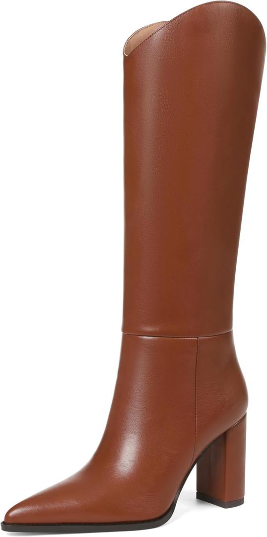 SaraIris Women's Black Knee High Boots Wide Calf Chunky High Heel Pointed Toe Zipper Comfortable Casual Boots (Brown)