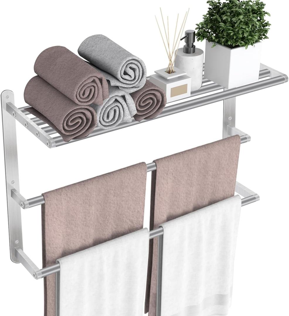 Towel Racks for Bathroom, 24 in Towel Shelf with Double Towel Bar, Stainless Steel Towel Storage for Lavatory Wall Mounted, 3-Tier Towel Hanger Towel Holder, Brushed Nickel