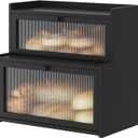Double Layer Bamboo Bread Box for Kitchen Counter,Bread Holder,Countertop Bread Storage with Window (Black)