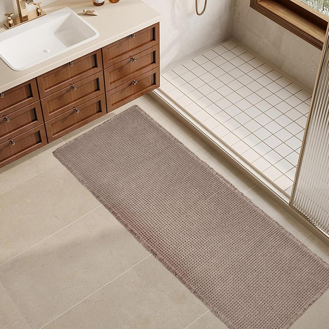 ZALL Tan Waffle Bath Mat,Super Absorbent Non Slip Long Bathroom Runner Rug,Brown 24X72inch,Machine Washable Ultra Soft Floor Mats (2472inch)