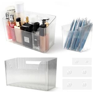 "Set of 3 Shower Caddy & Cabinet Door Organizer - Wall Mounted Shower Shelves with Adhesive, Stackable Plastic Shower Organizer, Clear Bathroom Organizers for Kitchen, Pantry (BPA Free, Large)"