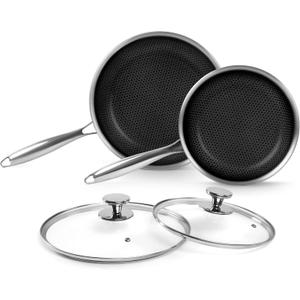 Innerwell Tri-Ply Stainless Steel Frying Pan Set with Lid,9.5Inch 11Inch Nonstick Honeycomb Stainless Steel Cooking Pan Set of 2 Skillet Works Pan for Cooking with Induction Gas Stovetops