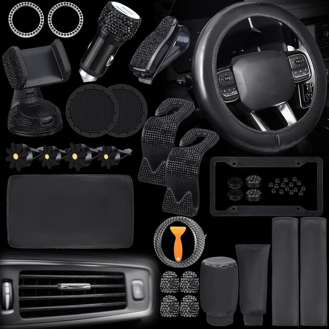 46 Pcs Bling Car Accessories Set for Women Leather Steering Wheel Cover Seat Belt Covers Diamond Rings Sticker Rhinestone Cup Holders USB Adapter Flower Air Vent Clip (Black)