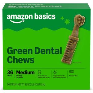 Amazon Basics Dental Dog Treats to Help Clean Teeth & Freshen Breath for Medium Dogs, Unflavored, Per Pack: 36 Count, 2.25 pounds (Previously Wag) (EXP 09/27/27)