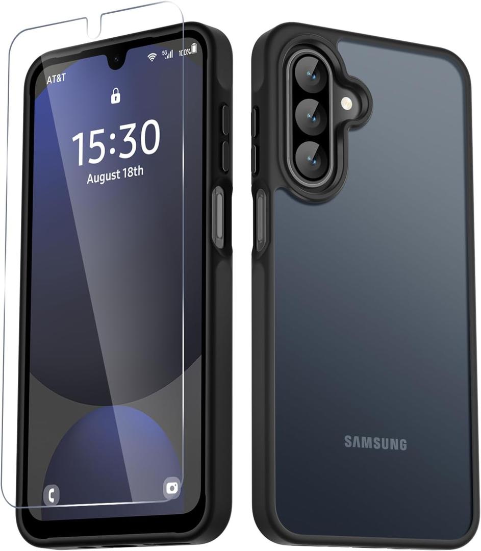 For Samsung Galaxy A17 5G Case, Matte Phone Case with 1 Screen Protector, Frosted Translucent Back, Slim Shockproof Protective Cover, Black