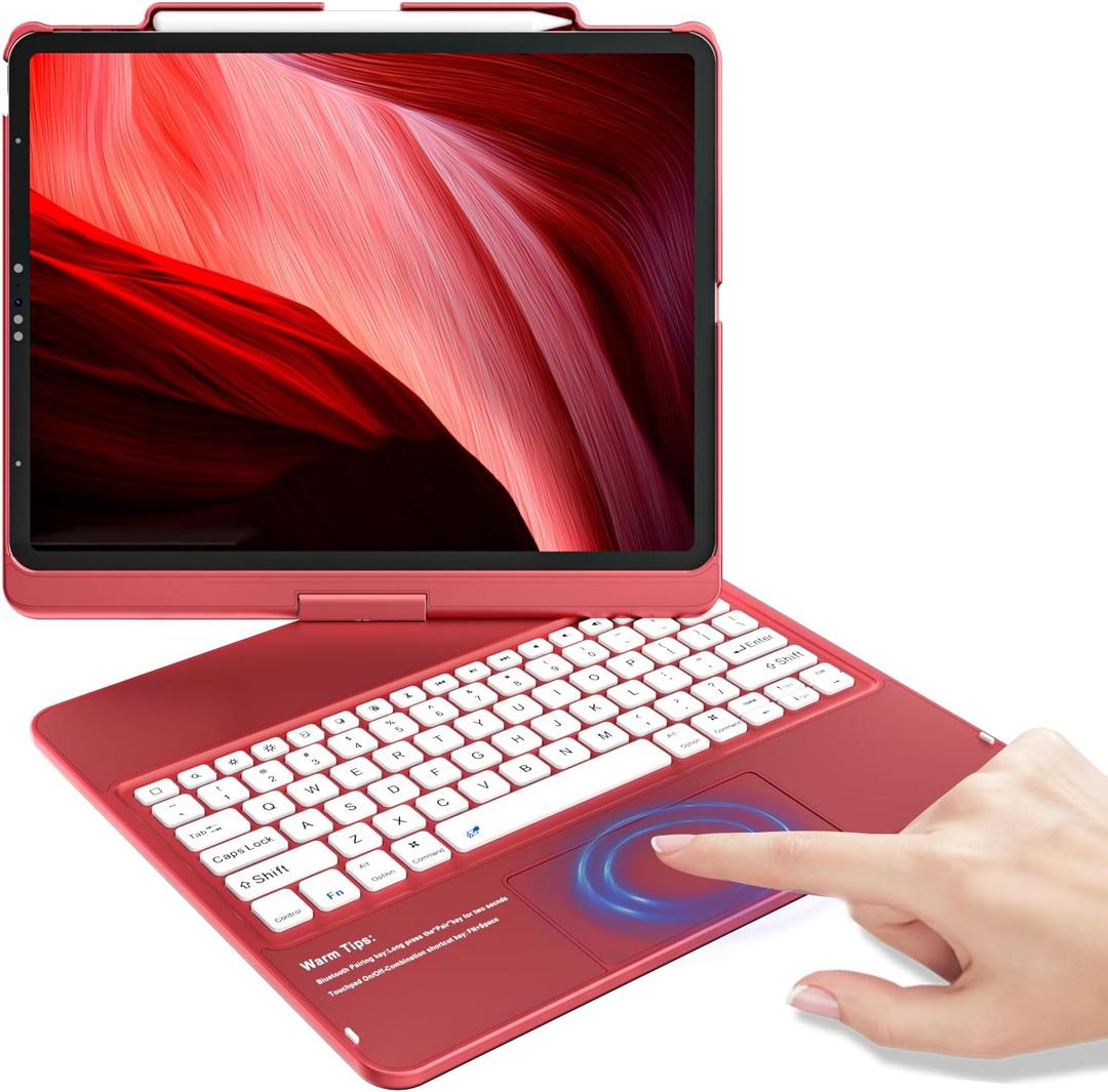 KBCASE Keyboard Case for iPad Air 13 inch M4/M3/M2 (2026/2025/2024)/for iPad Pro 12.9 inch 6th/5th/4th/3rd Gen, 360Rotatable Case with Touchpad & Pencil Holder for iPad Air 13/Pro 12.9 (Red)