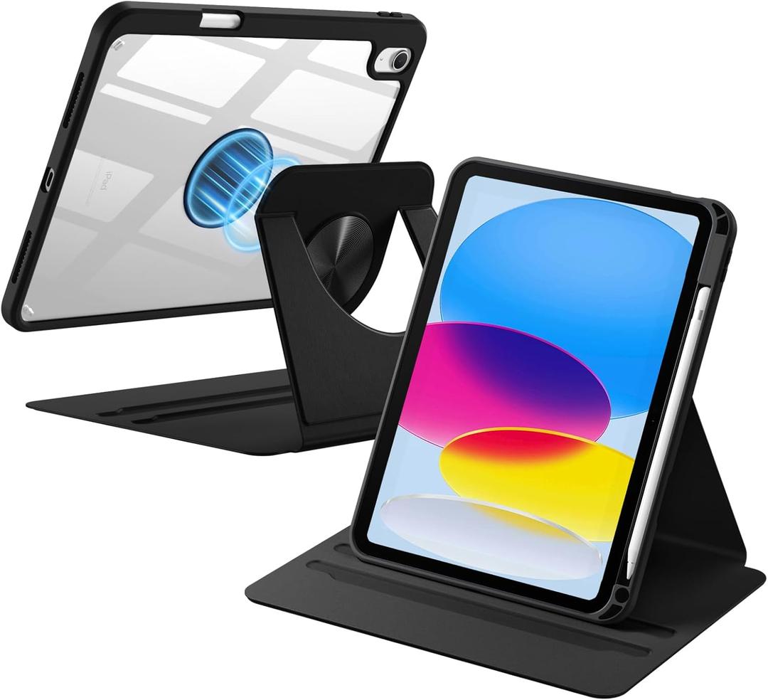 Wenlaty for iPad (A16) 11th Generation Case 11 Inch 2025, for iPad 10th Generation Case 10.9 Inch 2022 with Pencil Holder, 360 Rotating Protective Stand Cover, Detachable Magnetic Clear Back, Black