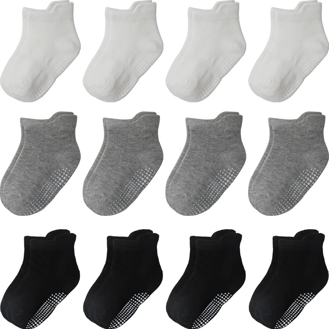 Baby Toddler Socks Grip Non Slip Boys Girls Cotton 12 Pack for Kids Ankle Cute Socks (3-5T, Mixed Wgb)