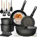 Astercook 21 Pcs Pots and Pans Set Non Stick, Ceramic Cookware Set Detachable Handle, RV Kitchen Cooking Set Removable Handles, Oven Safe, Induction Ready, Stackable, Black, Mothers Day Gifts