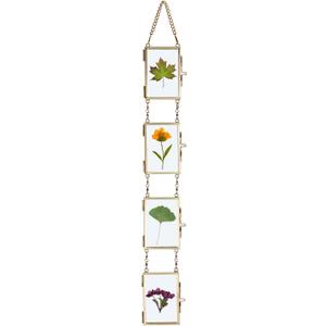 JUXYES Set of 4 Mini Brass Wall Hanging Photo Frame, Glass Hanging Picture Artwork Display Frame, Double Glass Floating Frame Style Gallery Wall Frame for Picture, Pressed Flower, Poster, etc, 3x2 Inches (Vertical, Golden)