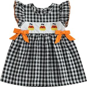 Baby Toddler Girl Halloween Outfit Gingham Pumpkin Embroidered Dress Toddler Fall Halloween Clothes 12M 18M 2T 3T 4T (Black)