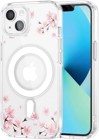 MAYCARI for iPhone 15 Pro Max Case Compatible with MagSafe, Magnetic Cute Cherry Blossom Clear Phone Cover for Girls Women Soft TPU Hard Back Shockproof Protective Case for iPhone 15 Pro Max 6.7"