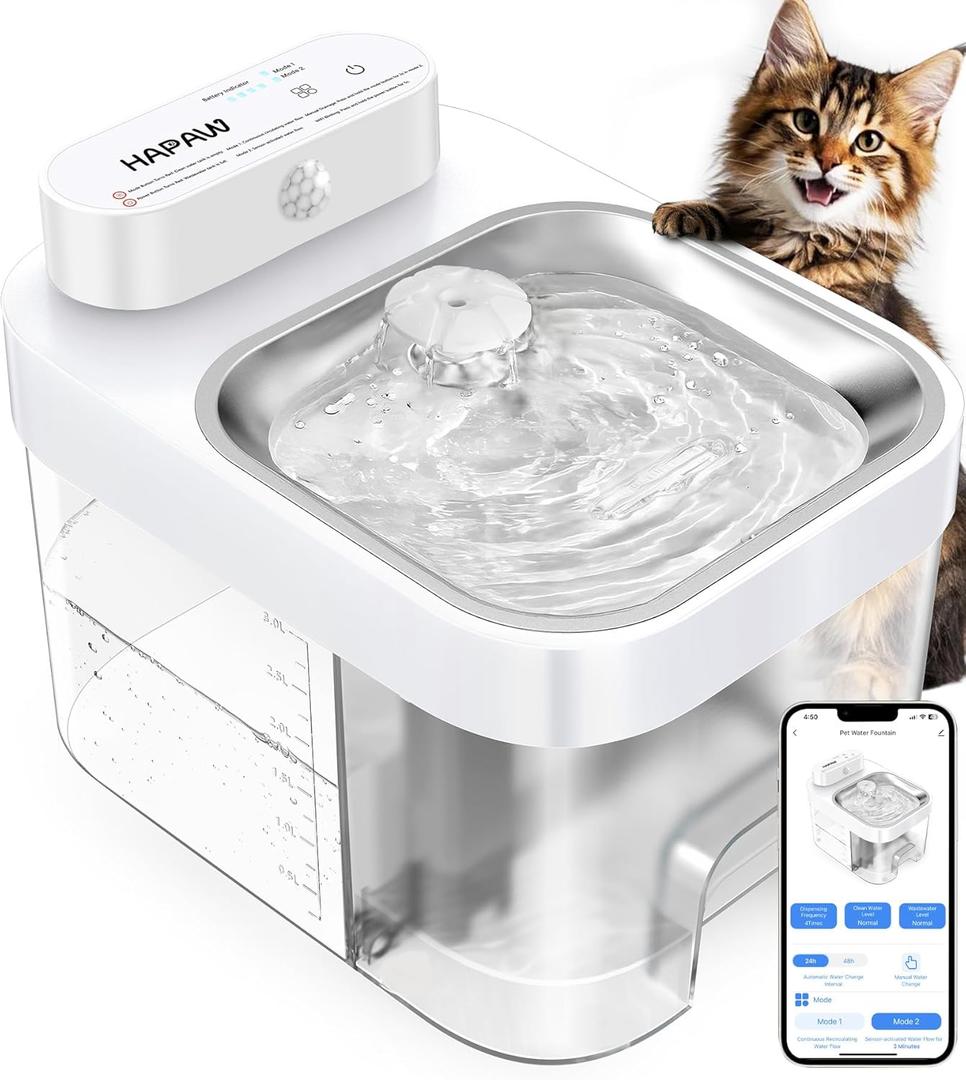 Cat Water Fountain, App Monitoring Wastewater Separation Pet Water Fountain, No Filter, 5000mAh Battery & Plug-in, 3L/101oz Smart Wireless Automatic Water Dispenser for Cats Indoor, 2.4G Wi-Fi (White)