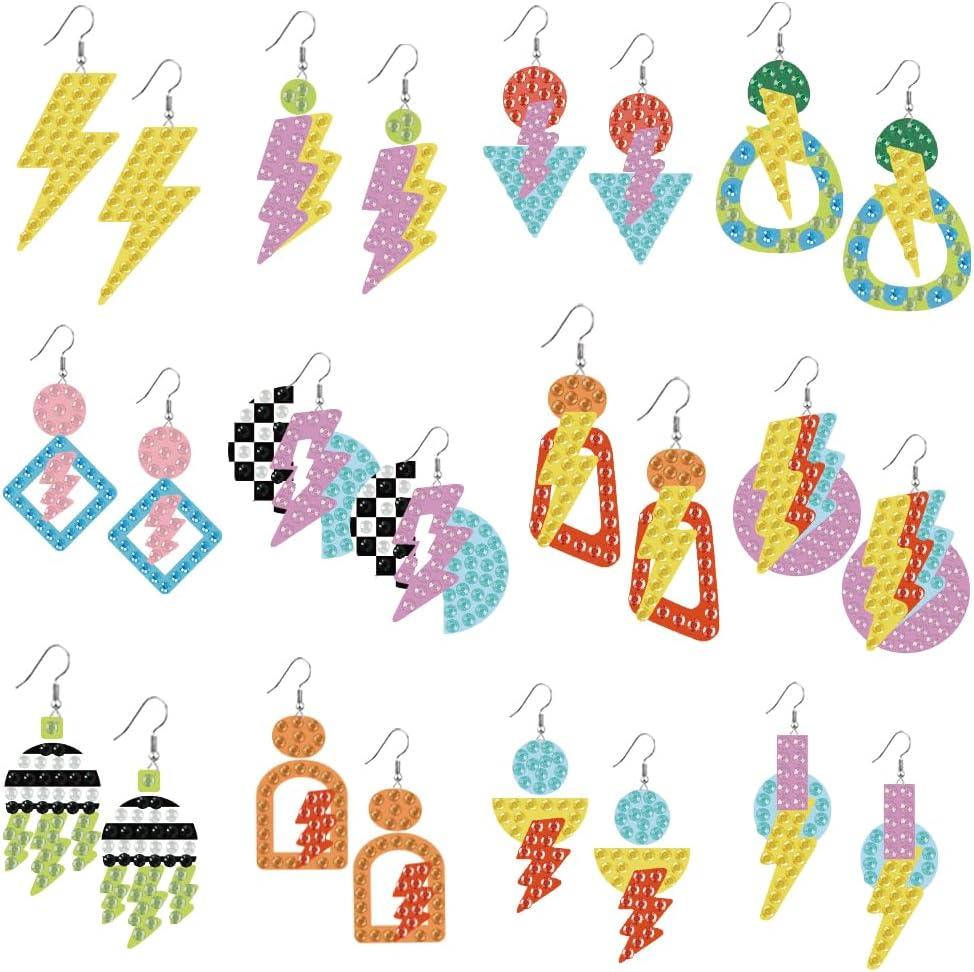 beinkmake 12Pairs Diamond Painted Earrings Making Kit Punk Diamond Art Earring Set Lightning 5D DIY Acrylic Diamond Earrings for Adults Craft Party Festival Gifts