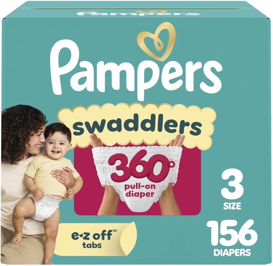 Pampers Diapers - Swaddlers 360° - Size 3, 156 Count, up to 100% Leakproof Comfy Dry Fit, Designed for Easy Changes, Pull On Baby Diaper