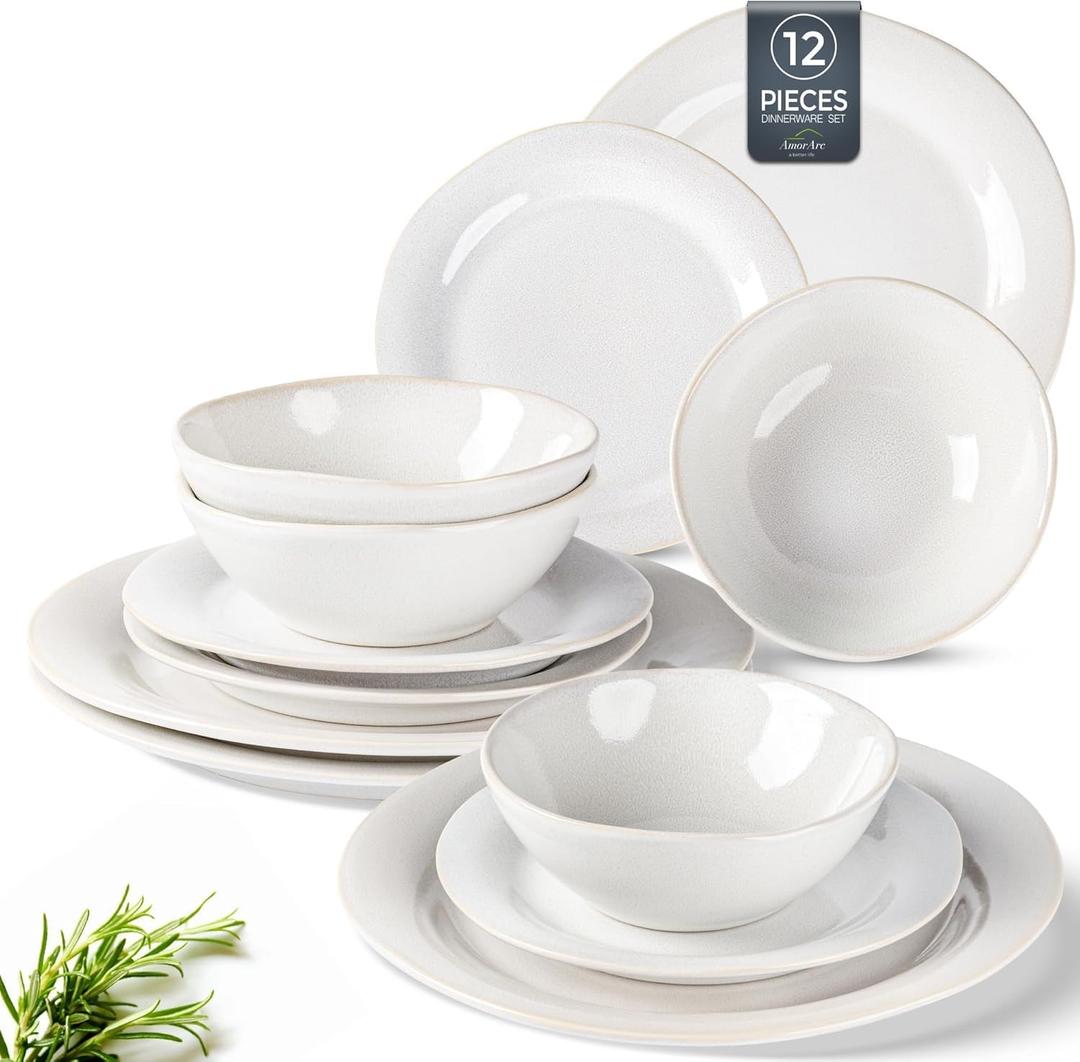 AmorArc Ceramic Dinnerware Sets, Handmade Stoneware Reactive Glaze Plates and Bowls Set, Scratch Resistant | Dishwasher & Microwave Safe, Service for 4 (12pc)