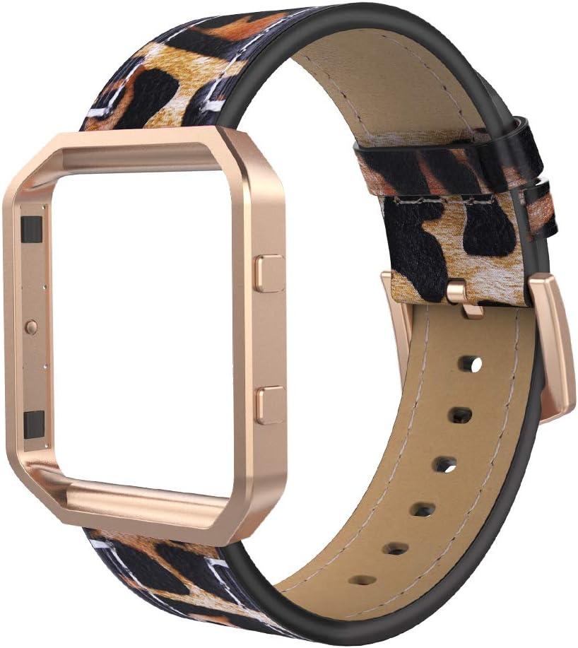 Simpeak Leather Band with Case Frame Compatible with Fitbit Blaze Smartwatch, Large Size with Frame, Genuine Leather Band Replacement for Fitbit Blaze, Leapard+Rose Gold Frame