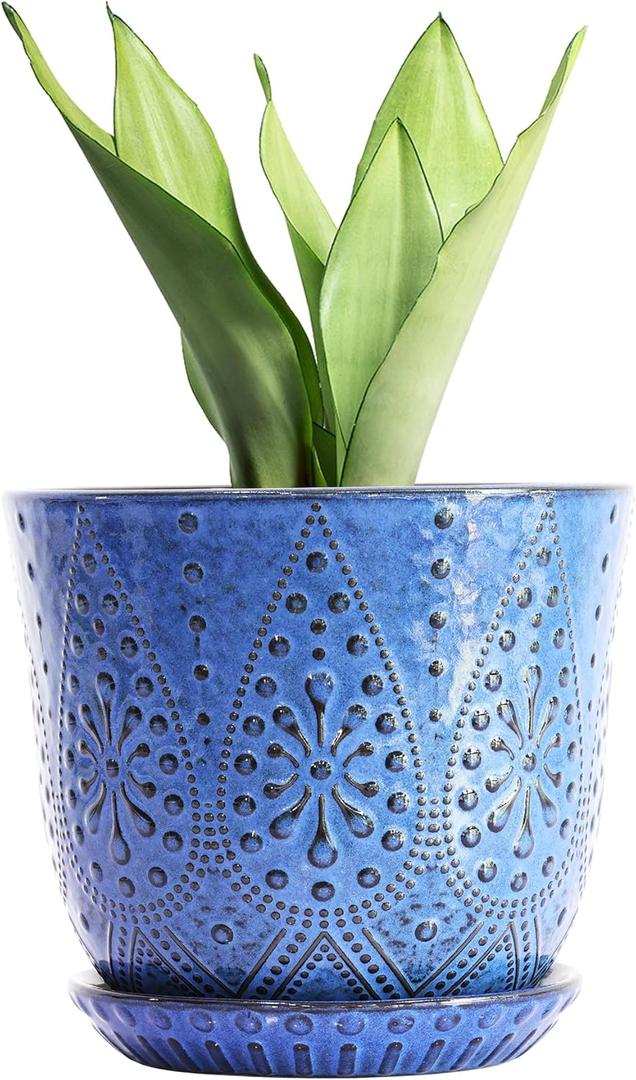 Gepege 10 Inch Plant Pot, Ceramic Planter with Drainage Holes and Saucers for Plants Indoor and Outdoor Flower Pot (Blue)