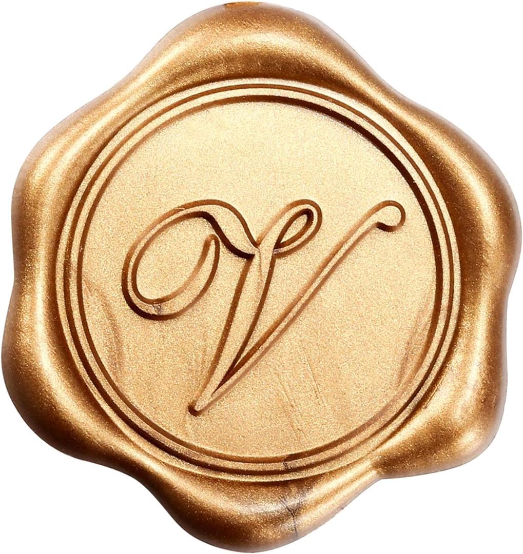 Yoption Initial Alphabet V Adhesive Wax Seal Stickers, 50 Pack Letter Wax Seal Stickers Antique Gold Self Adhesive Envelope Seals for Wedding Party Birthday Christmas (V)
