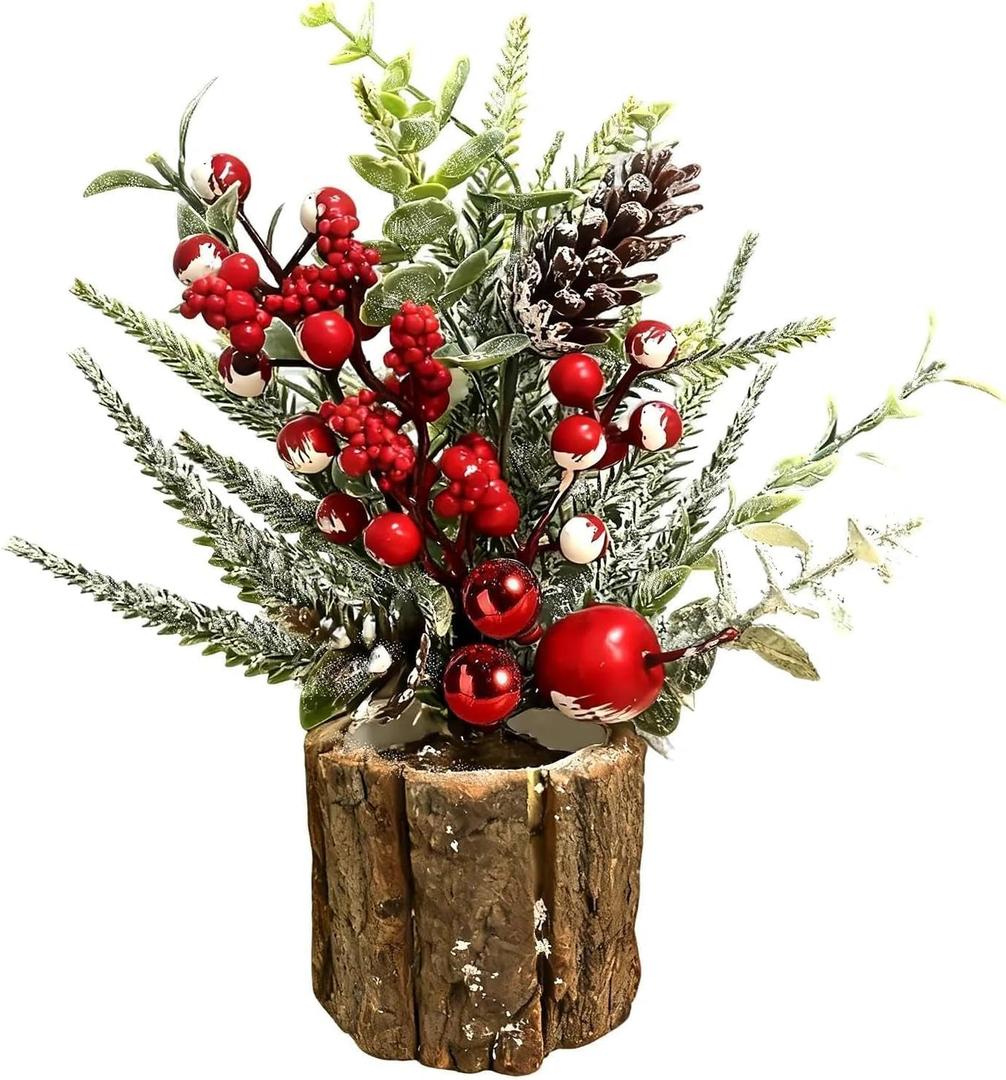 Heyigrow Mini Christmas Tree Tabletop Decoration, Real Bark Base Artificial Red Berrys Pine Cone for Winter Holiday Home
