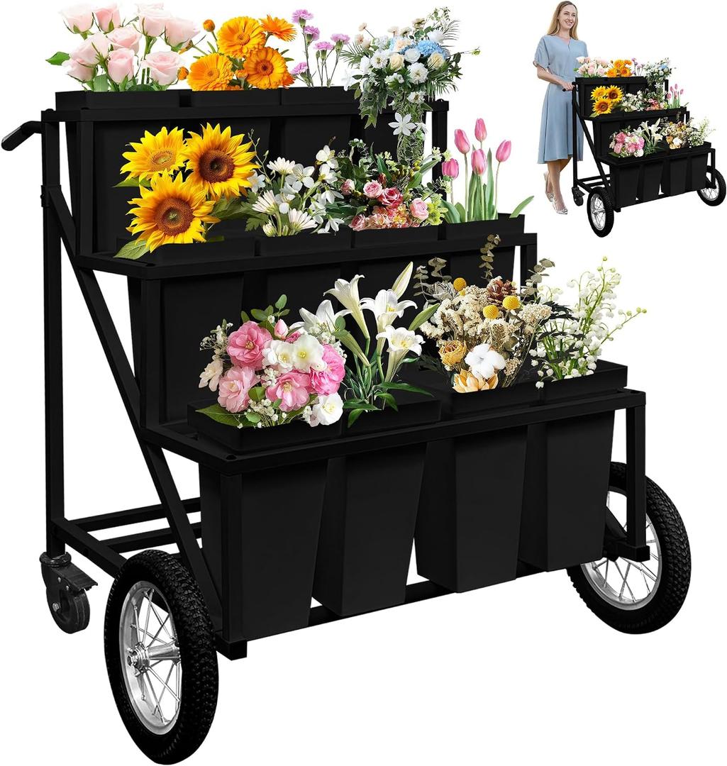 Prolee Flower Stand, Flower Cart with 12 Buckets, Flower Display Stand with Large Wheels, Flower Cart, Moving Florist Bouquet Shelf, Black