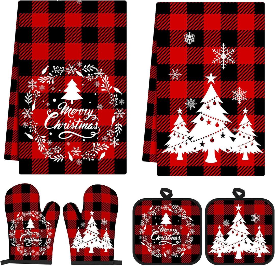 Jingmore 6 Pcs Christmas Kitchen Decor Set Kitchen Towels Oven Mitts and Pot Holders Xmas Tree Dish Towels Oven Mitts and Pot Holders for Baking Home(Tree Buffalo Check)