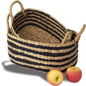 Set of 2 Basket Hand-Woven Storage Basket with Handle, Decorative Basket Organizer Basket for Living Room Dressing Baby Nursery Wash Children's Toy (Water Hycinth Black and White Stripe)