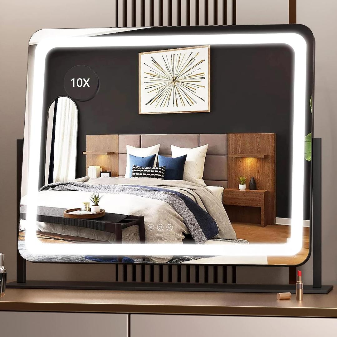 Hasipu Vanity Mirror with Lights, 24.2" x 20" LED Make up Mirror, Light up Mirror with 10X Magnification, Smart Touch 3 Colors Dimmable, Brightness Adjustment, 360 Rotation (Black)