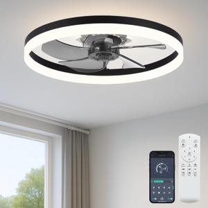 20'' Ceiling Fan with Light, Upgraded Low Profile Fan, Flush Mount Ceiling Fan, 6 Speeds, Dimmable LED, App & Remote Control, Quiet DC Motor, for Bedroom, Living Room, F115 Black
