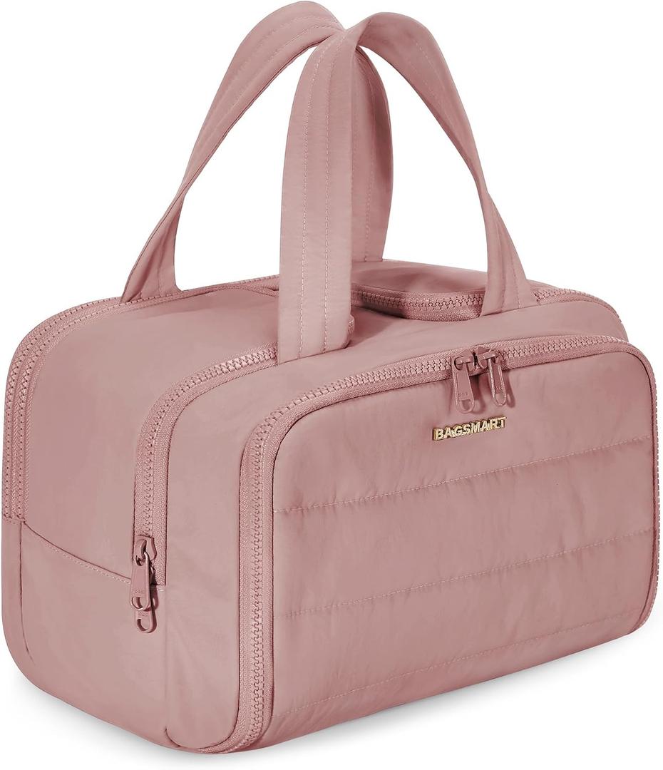 BAGSMART Travel Toiletry Bag, Lightweight Large Wide-open Travel Bag for Women, Puffy Cosmetic Makeup Bag Organizer with Handle for Accessories,Essentials, Toiletries, Dark Pink (EXP 07/27/26)