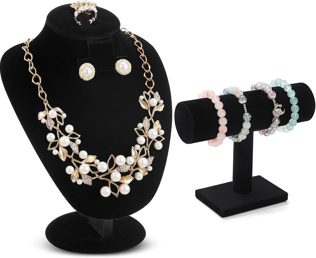 RattanView 2 Pcs Black Velvet Jewelry Display Set Necklace Mannequin Bust Stand T Bar Bracelet Holder for Retail Home Decor
