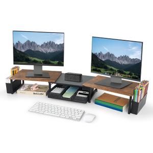 Desk Dual Monitor Stand Riser - Desk Organizer with Drawer and Pen Holders, Office Desk Accessories & Workspace Organization, Computer Monitor Stand for Laptop, Printer, TV, Office Decor, Wood