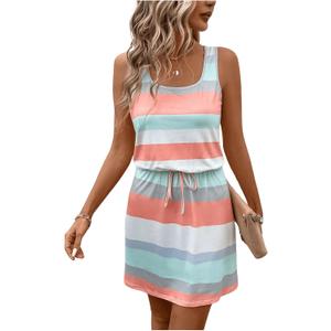 Women's Summer Dress Stripe Colorblock Sleeveless Drawstring Tank Dress Casual Short Dress Sundress (XL, Multicolor)