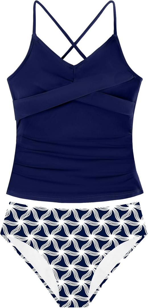 Girls Swimsuit Tankini Criss Cross Ruched 2 Piece Bathing Suit Printed Girl Swimwear for Teens  (Blue, S) 11-12Y
