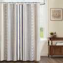 Nave Blue Boho Shower Curtain for Bathroom,Beige Linen with Striped Print and Twine-Inspired Woven Center,72" W x 72" L