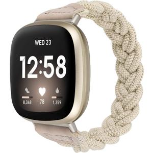 Wearlizer Elastic Band Compatible with Fitbit Versa 4 Bands for Woman/Versa 3/Sense 2/Sense Bands Women, Slim Solo Loop Braided Strap Stretchy Woven Wristband Accessory, Khaki, S